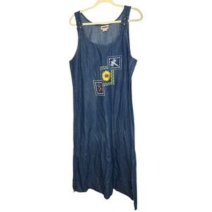 Vtg Overall Dress Jumper S Denim Maxi Embroidered Dragon Fly Sunflower Modest